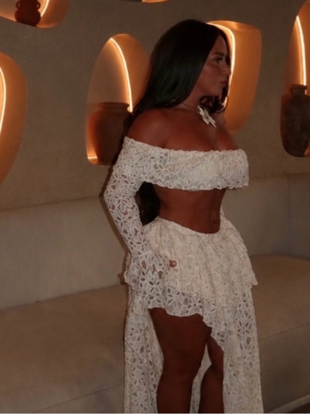 Off-Shoulder Ivory Lace High-Low Skirt + Top